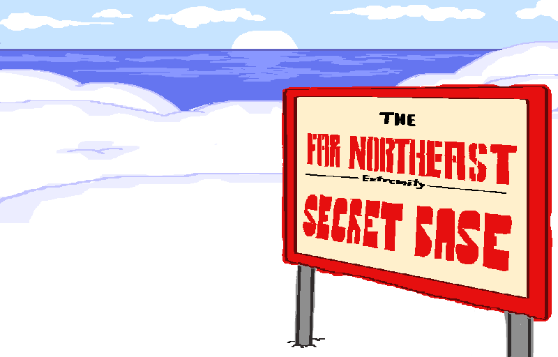 A snowy area with a big sign